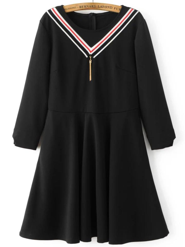 Shein Black Chevron Pattern A Line Dress With Tassel