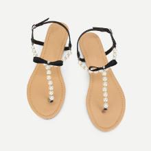Shein Faux Pearl Flat Sandals With Bow