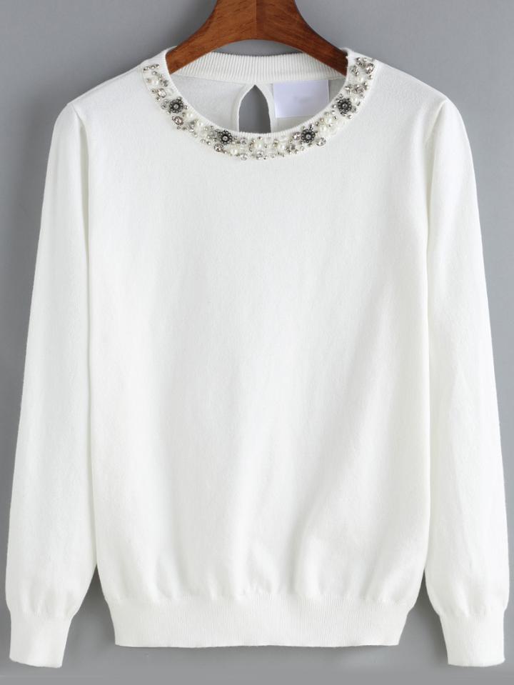 Shein White Round Neck Bead Knitwear
