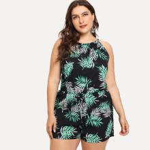 Shein Plus Leaf Print Split Back Halter Romper