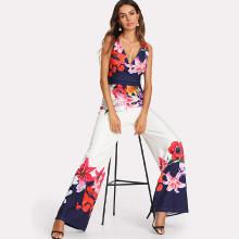 Shein Flower Print Zip Back Sleeveless Jumpsuit