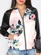 Shein Pink Flower Print Contrast Raglan Sleeve Silky Bomber Jacket
