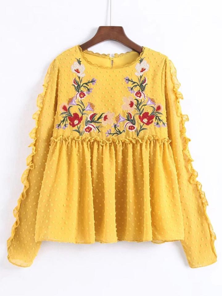 Shein Embroidery Detail Ruffle Trim Babydoll Blouse