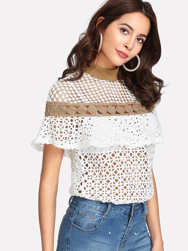 Shein Mock Neck Geo Lace Ruffle Top