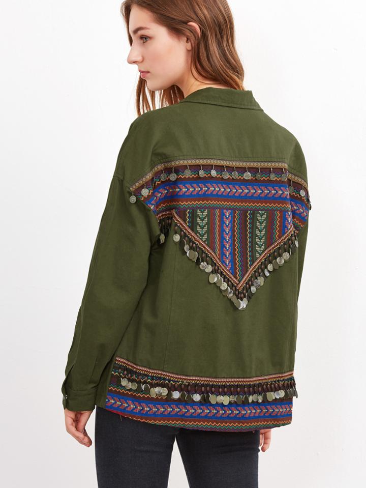 Shein Olive Green Utility Jacket With Embroidered Tape And Coin Fringe