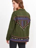 Shein Olive Green Utility Jacket With Embroidered Tape And Coin Fringe