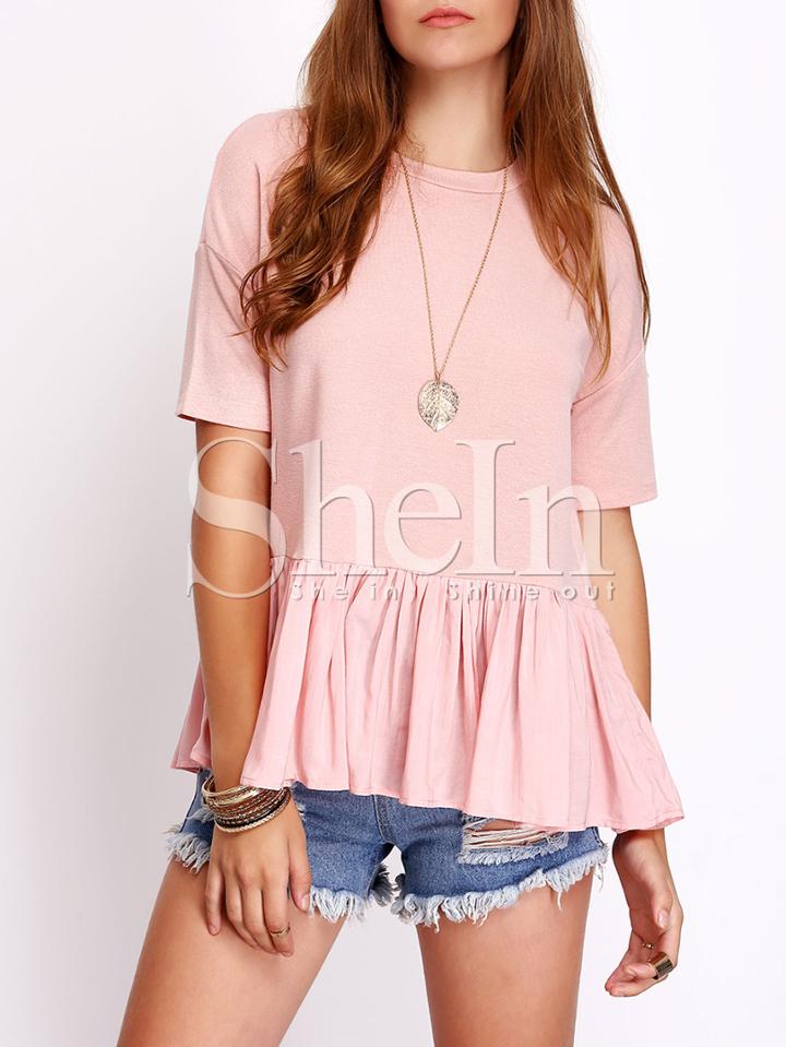 Shein Pink Ruffle Short Sleeve Casual T-shirt