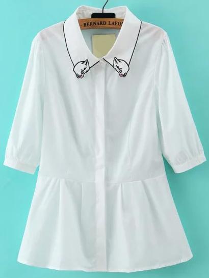 Shein White Embroidered Lapel Half Sleeve Blouse