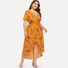 Shein Plus Self Tie Waist Floral Print Dip Hem Dress