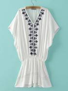 Shein White V Neck Embroidery Elastic Waist Dress