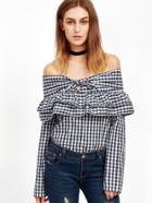 Shein Navy Gingham Layered Ruffle Knotted Off The Shoulder Top