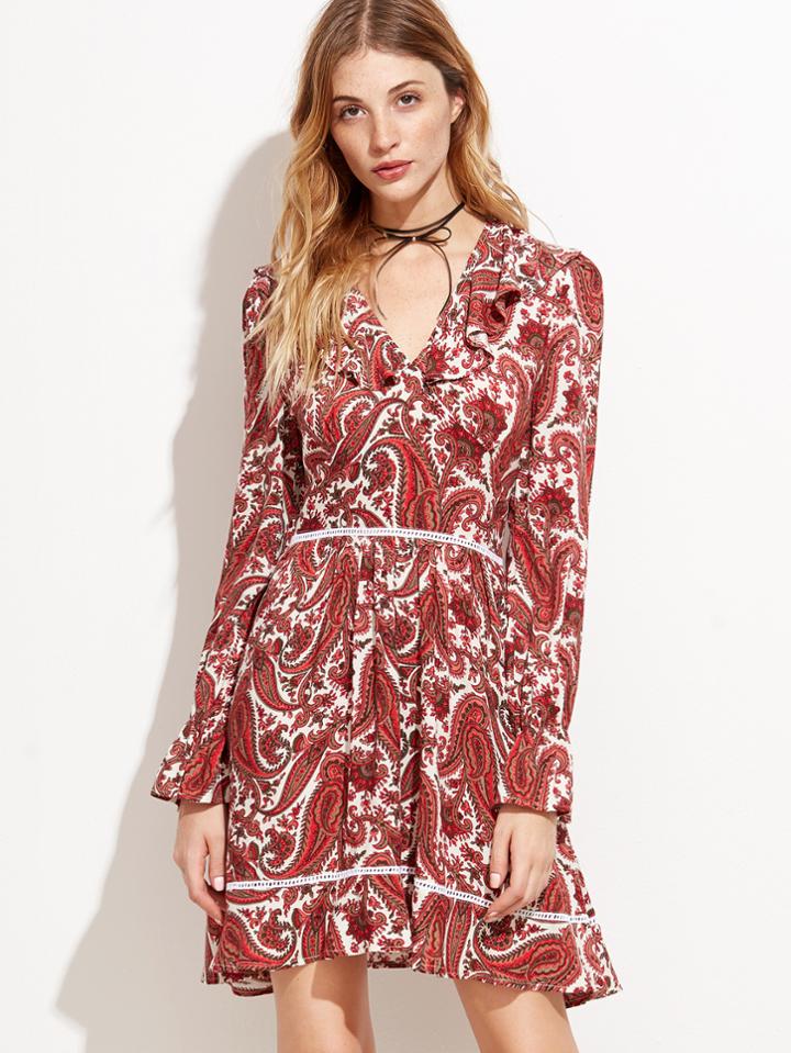Shein Red Paisley Print Eyelet Lace Insert Ruffle Dress
