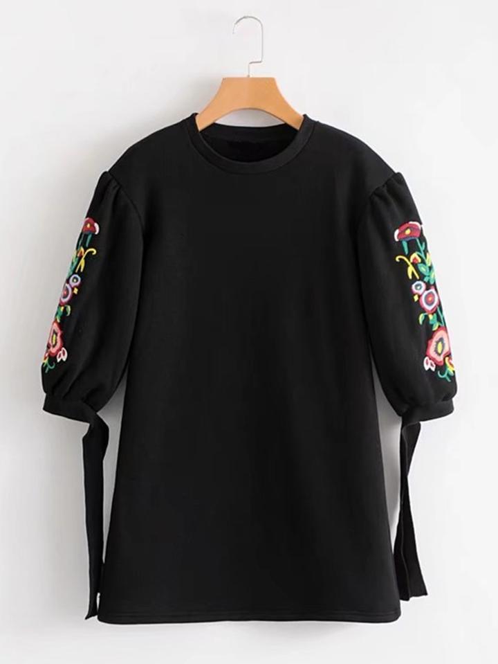 Shein Embroidered Flower Lantern Sleeve Sweatshirt Dress
