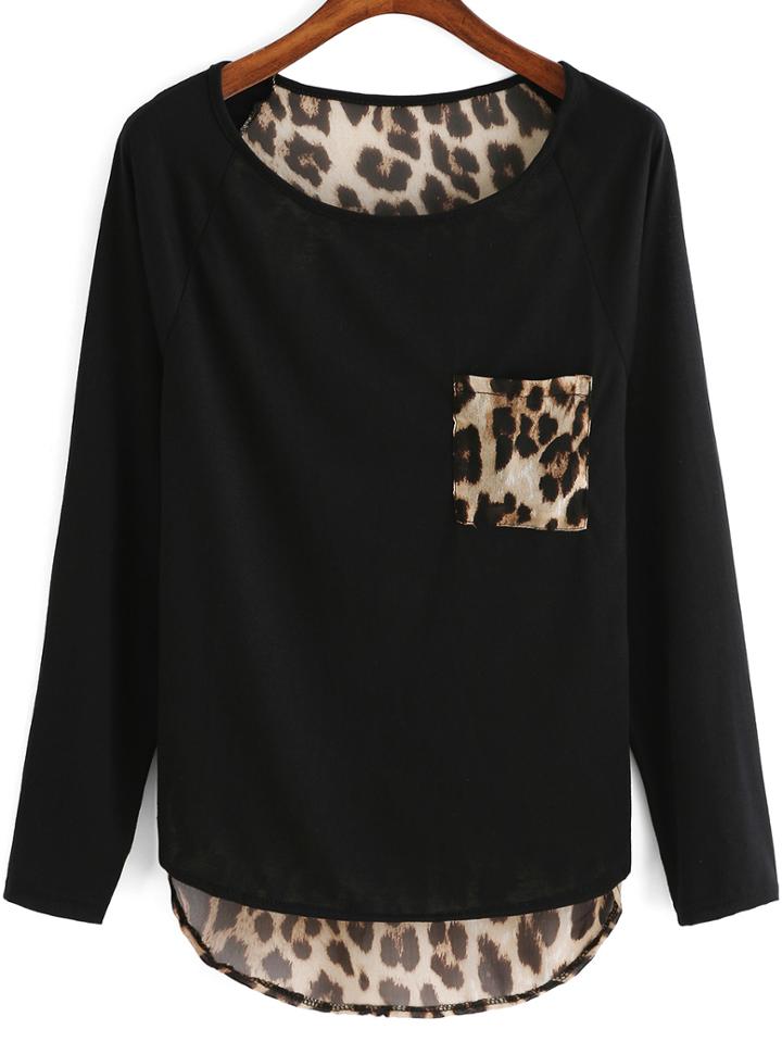 Shein Black Round Neck Leopard Dip Hem T-shirt