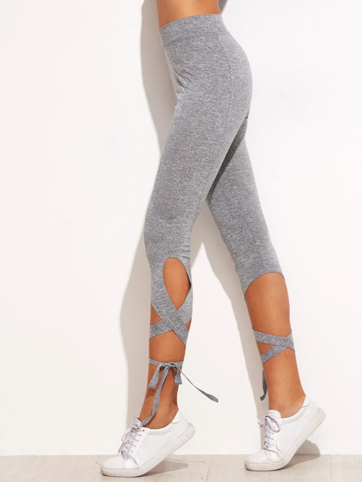 Shein Heather Grey High Waist Criss Cross Tie Leggings