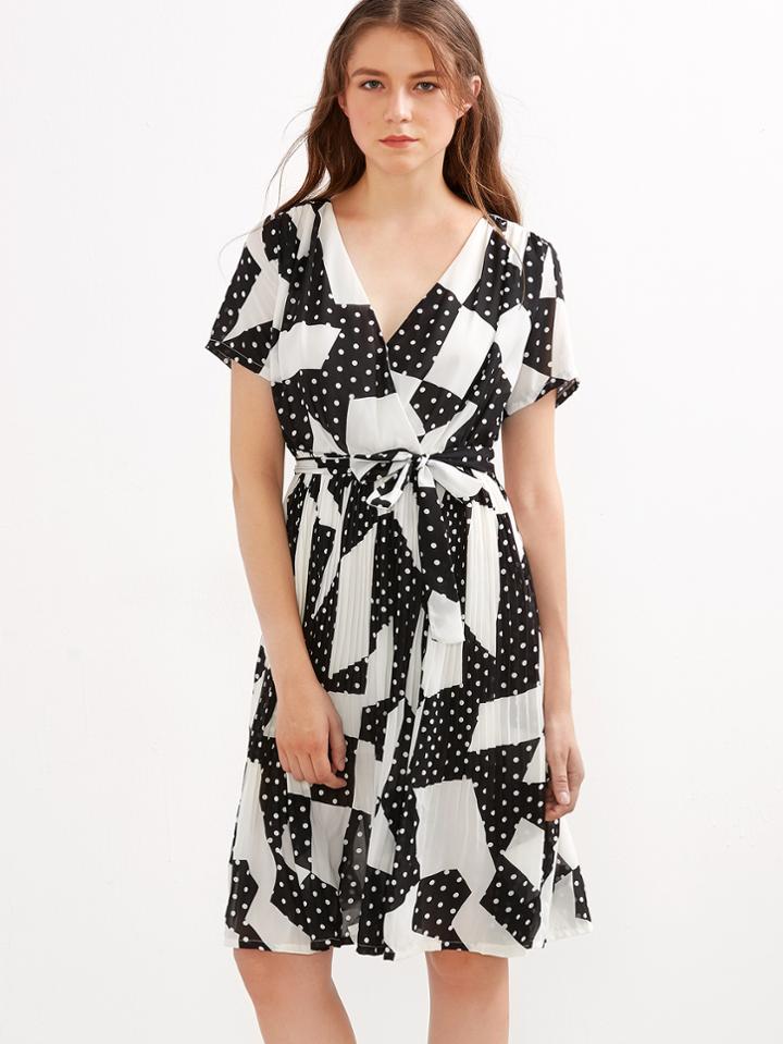 Shein Polka Dot V Neck Self Tie Pleated Wrap Dress