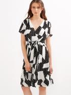 Shein Polka Dot V Neck Self Tie Pleated Wrap Dress