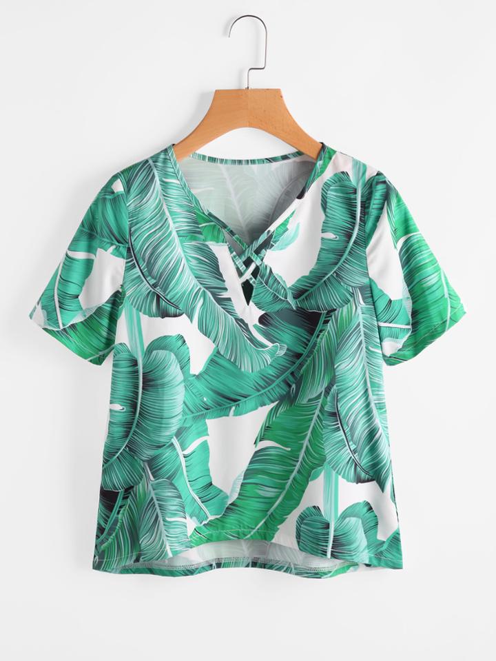 Shein Banana Leaf Print Crisscross V Neckline Blouse