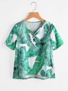 Shein Banana Leaf Print Crisscross V Neckline Blouse