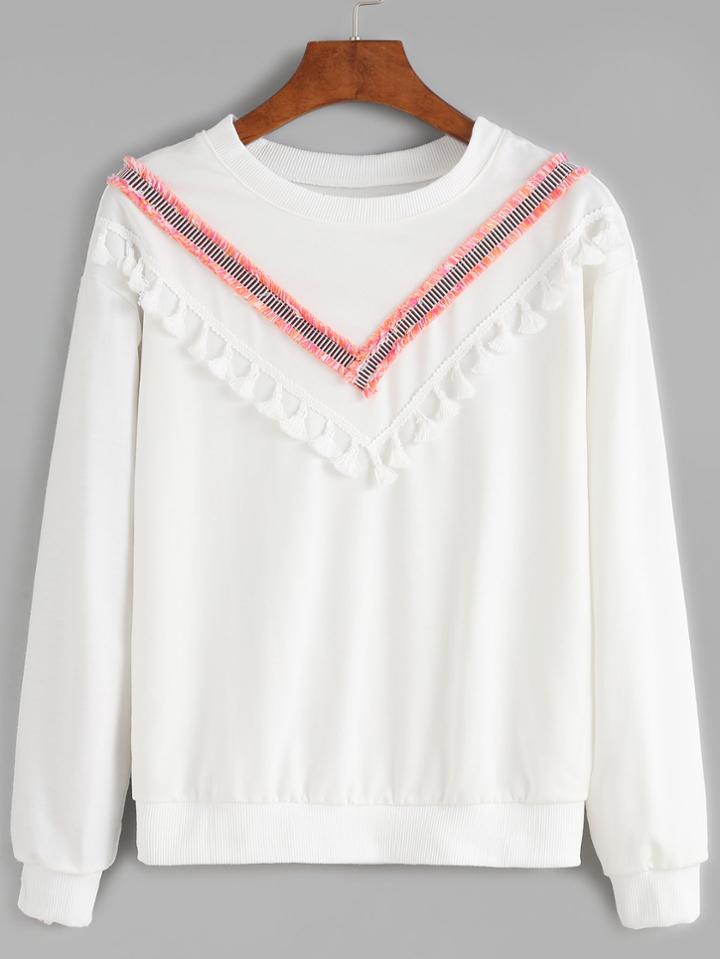 Shein White Fringe Trim Sweatshirt
