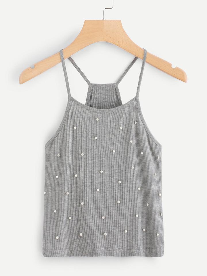 Shein Pearl Beading Rib Knit Cami Top
