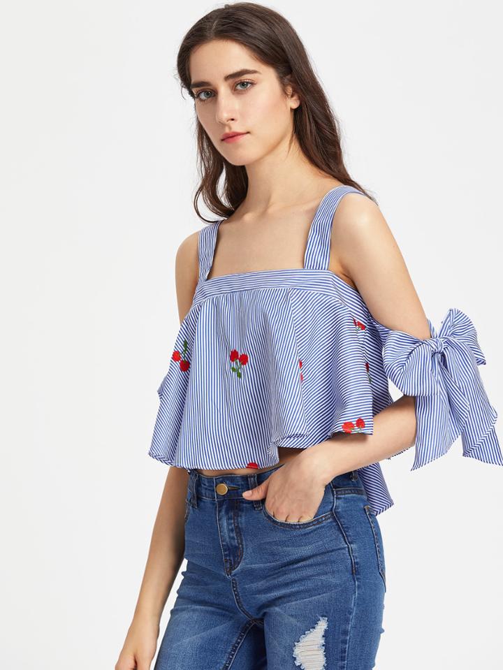 Shein Tie Sleeve Cherry Embroidered Striped Trapeze Top
