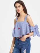 Shein Tie Sleeve Cherry Embroidered Striped Trapeze Top