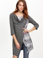 Shein Heather Grey Contrast Plaid Asymmetric Hem T-shirt