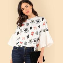 Shein Flounce Sleeve Mixed Print Tee