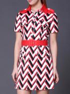 Shein Red Lapel Chevron Belted Pockets Dress