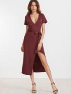 Shein Burgundy Deep V Neck Slit Wrap Dress