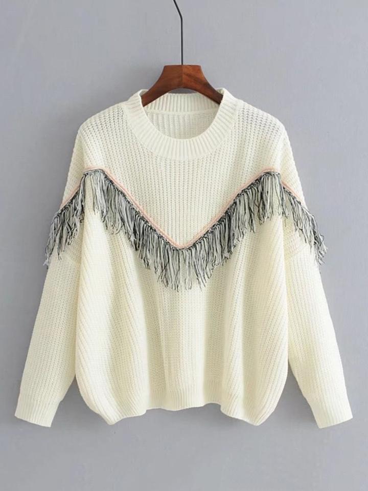 Shein Fringe Insert Drop Shoulder Sweater