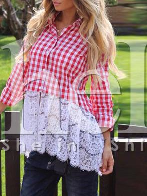 Shein Red White Plaid Lace Hem Blouse