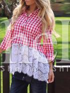 Shein Red White Plaid Lace Hem Blouse