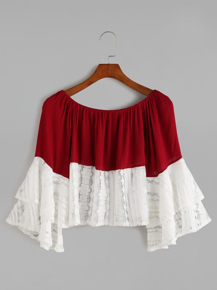 Shein Burgundy Boat Neck Contrast Lace Top