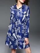 Shein Blue Lapel Leaves Print Drawstring Dress