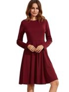 Shein Burgundy Pleated Long Sleeve A-line Dress