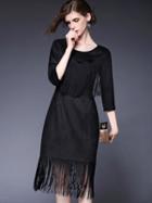 Shein Black Round Neck Length Sleeve Tassel Dress