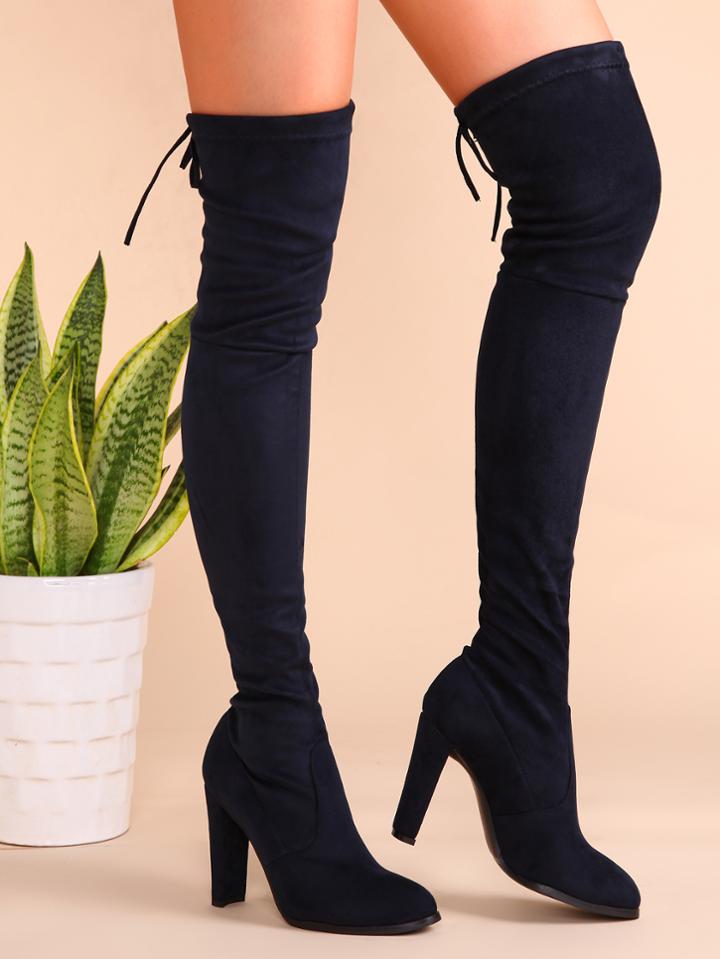 Shein Navy Velvet Point Toe Lace Back Over The Knee Boots