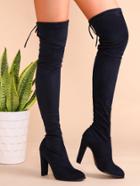 Shein Navy Velvet Point Toe Lace Back Over The Knee Boots