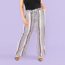 Shein Plus Frill Waist Belted Striped Wide Leg Pants
