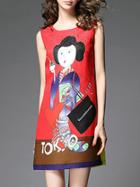 Shein Red Cartoon Character Jacquard Shift Dress