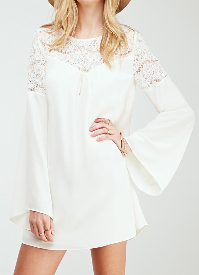 Shein White Bell Sleeve Hollow Lace Loose Dress