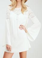 Shein White Bell Sleeve Hollow Lace Loose Dress