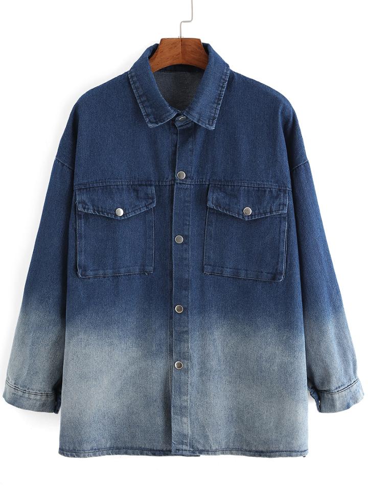 Shein Blue Ombre Long Sleeve Pockets Denim Blouse
