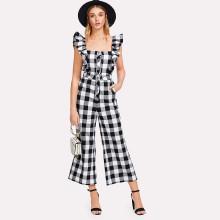 Shein Flounce Embellished Shoulder Gingham Jumpsuit