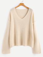 Shein Apricot V Neck Drop Shoulder Slit Sweater