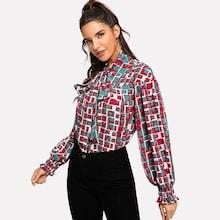 Shein Tie Neck Semi Sheer Pleated Blouse