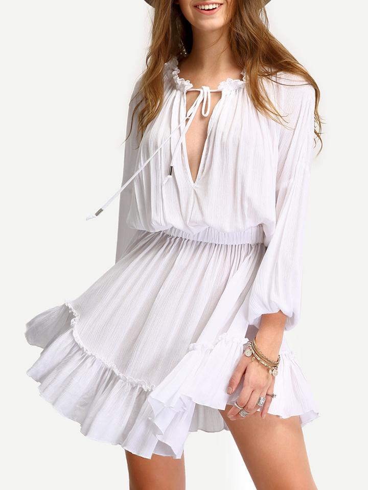 Shein White Deep V Neck Lantern Sleeve Ruffle Lace Up Dress