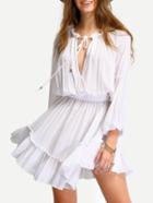 Shein White Deep V Neck Lantern Sleeve Ruffle Lace Up Dress